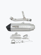 Stainless steel motorcycle slip-on exhaust system with carbon tip and mounting hardware.