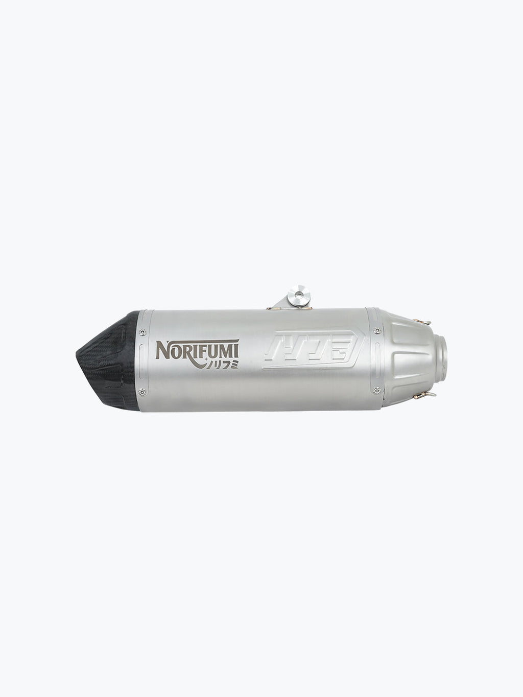 Motorcycle slip-on exhaust muffler, silver with carbon tip, Norifumi branding, isolated view