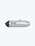 Motorcycle slip-on exhaust muffler, silver with carbon tip, Norifumi branding, isolated view