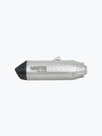 Motorcycle slip-on exhaust muffler, silver with carbon tip, Norifumi branding, isolated view