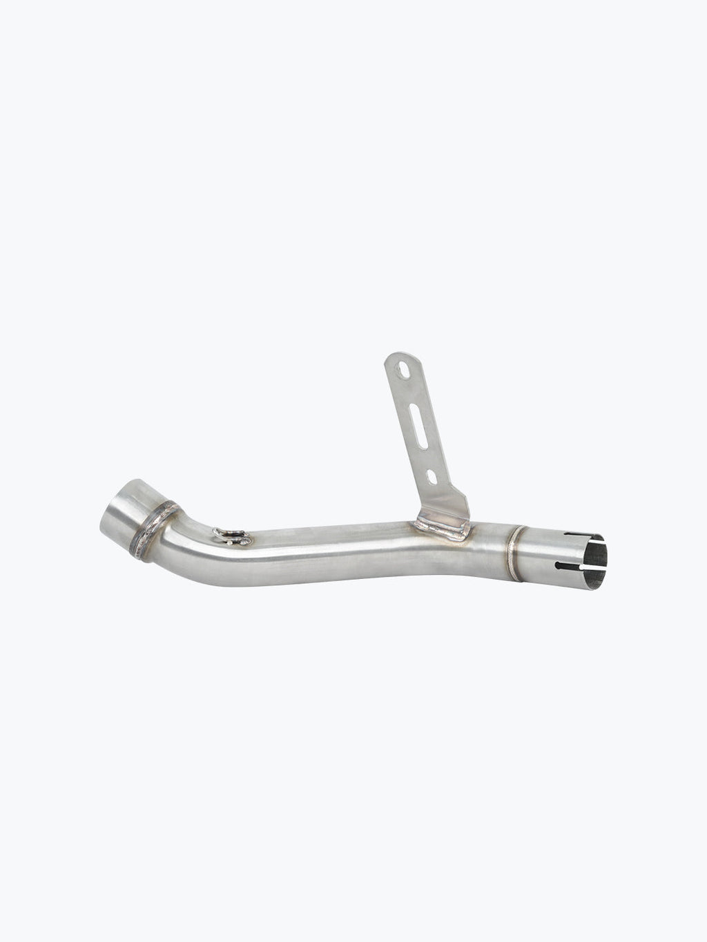 Stainless steel motorcycle exhaust slip-on pipe with bracket on white background