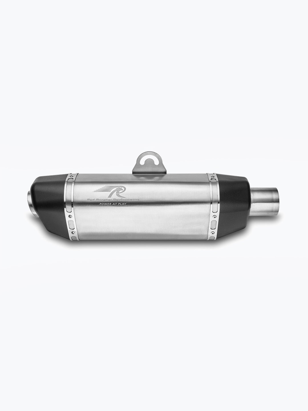 Stainless steel motorcycle exhaust muffler with black end caps on white background