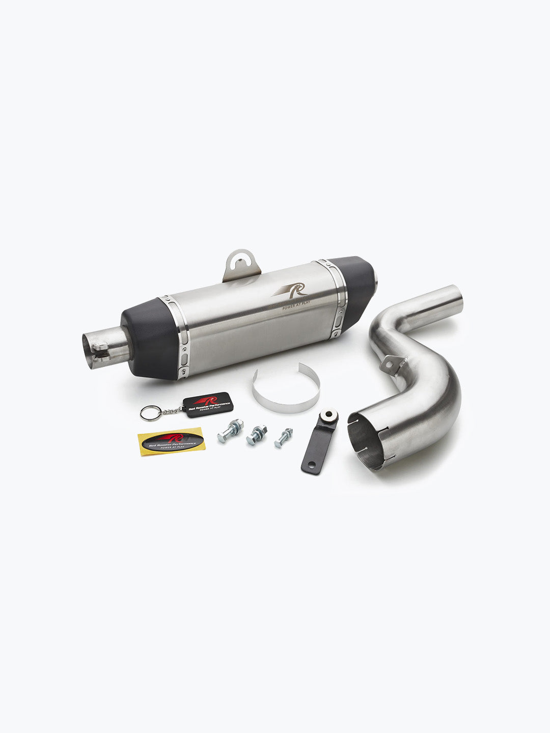 Motorcycle exhaust system kit with silencer, pipe, mounting hardware, and decals on white background.