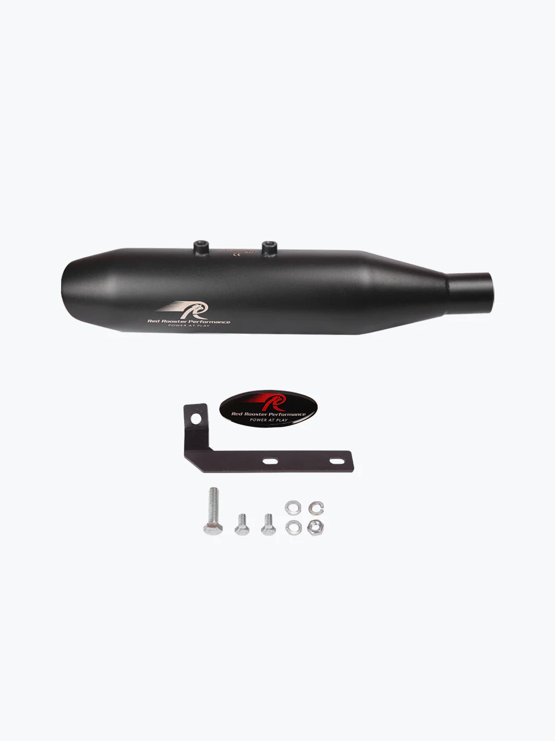 Matte black motorcycle exhaust with mounting bracket and hardware kit on white background