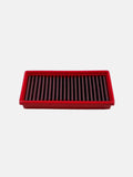 Rectangular motorcycle air filter with red frame on white background