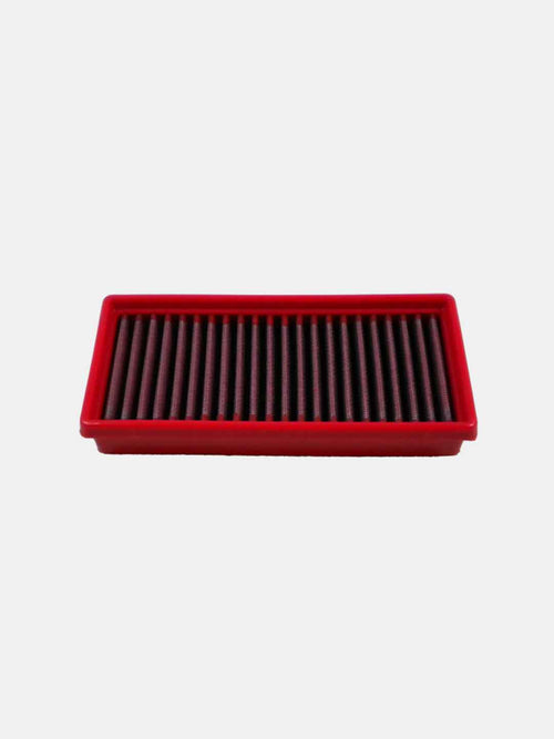 Rectangular motorcycle air filter with red frame on white background