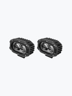 Pair of black LED oval motorcycle lights with ribbed housing on white background