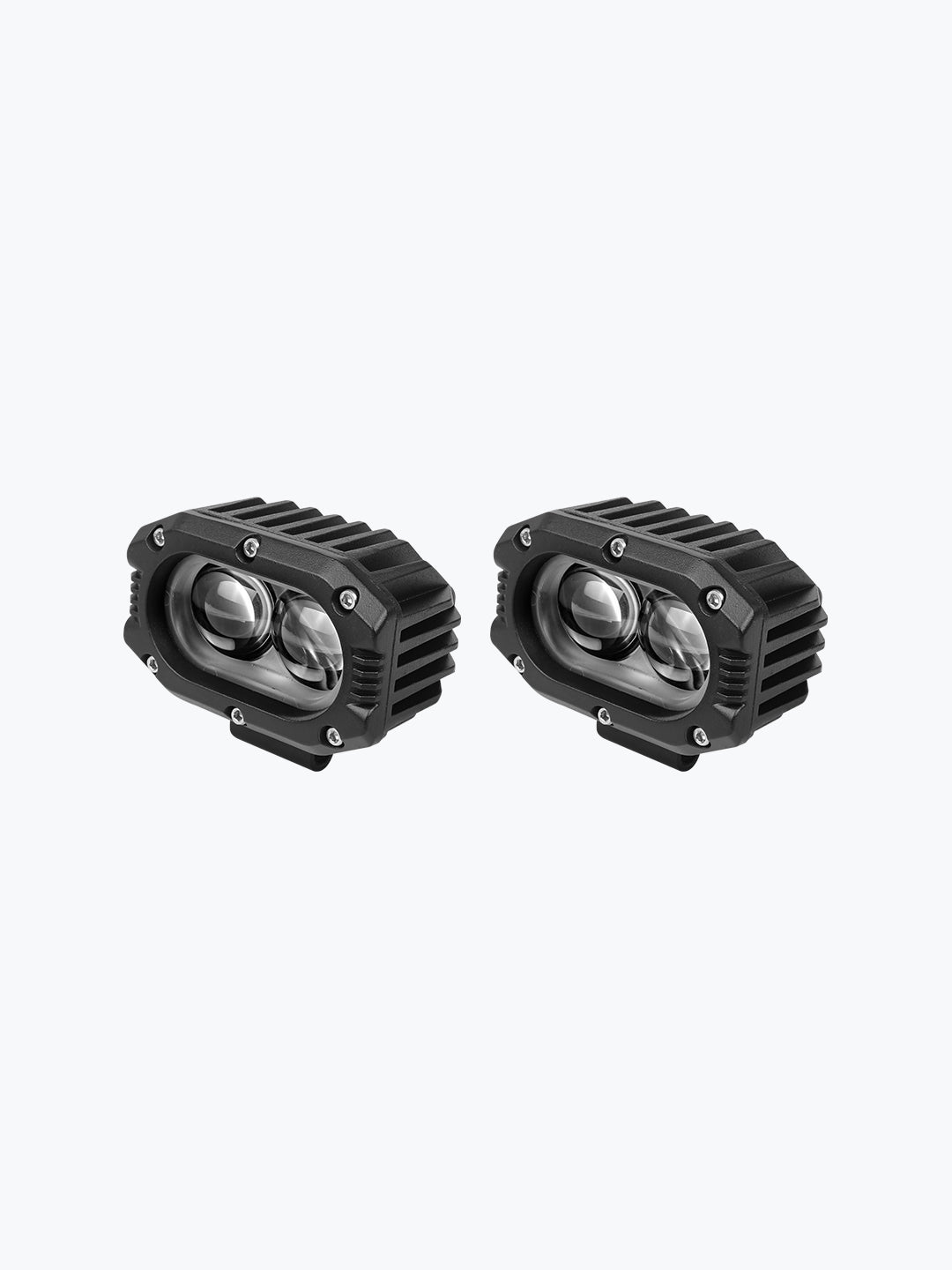 Pair of black LED oval motorcycle lights with ribbed housing on white background
