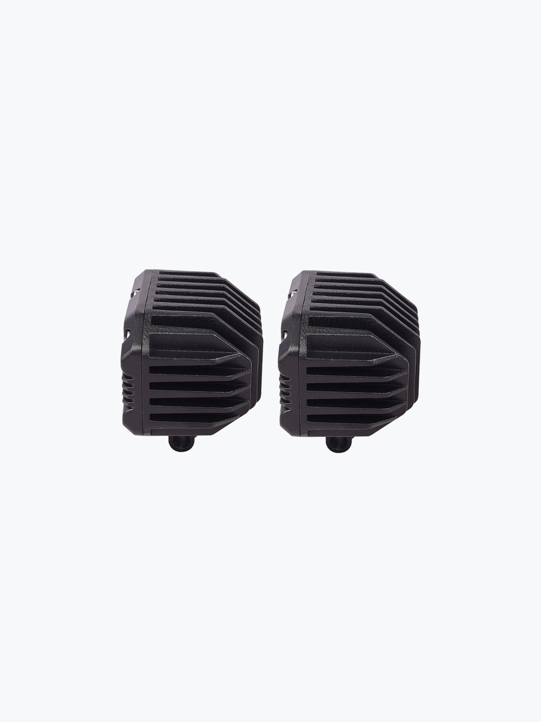 Pair of black LED motorcycle auxiliary lights with finned heat sinks on a white background