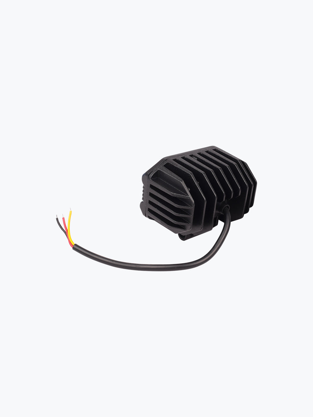 Black motorcycle LED headlight with cooling fins and attached wiring on white background