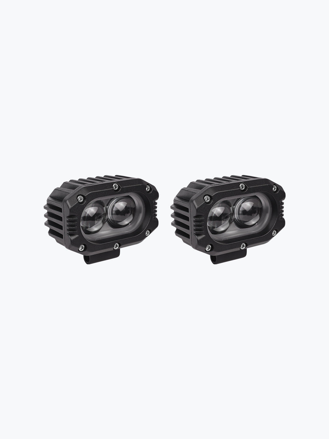 Pair of black oval LED motorcycle fog lights with dual lens design on white background