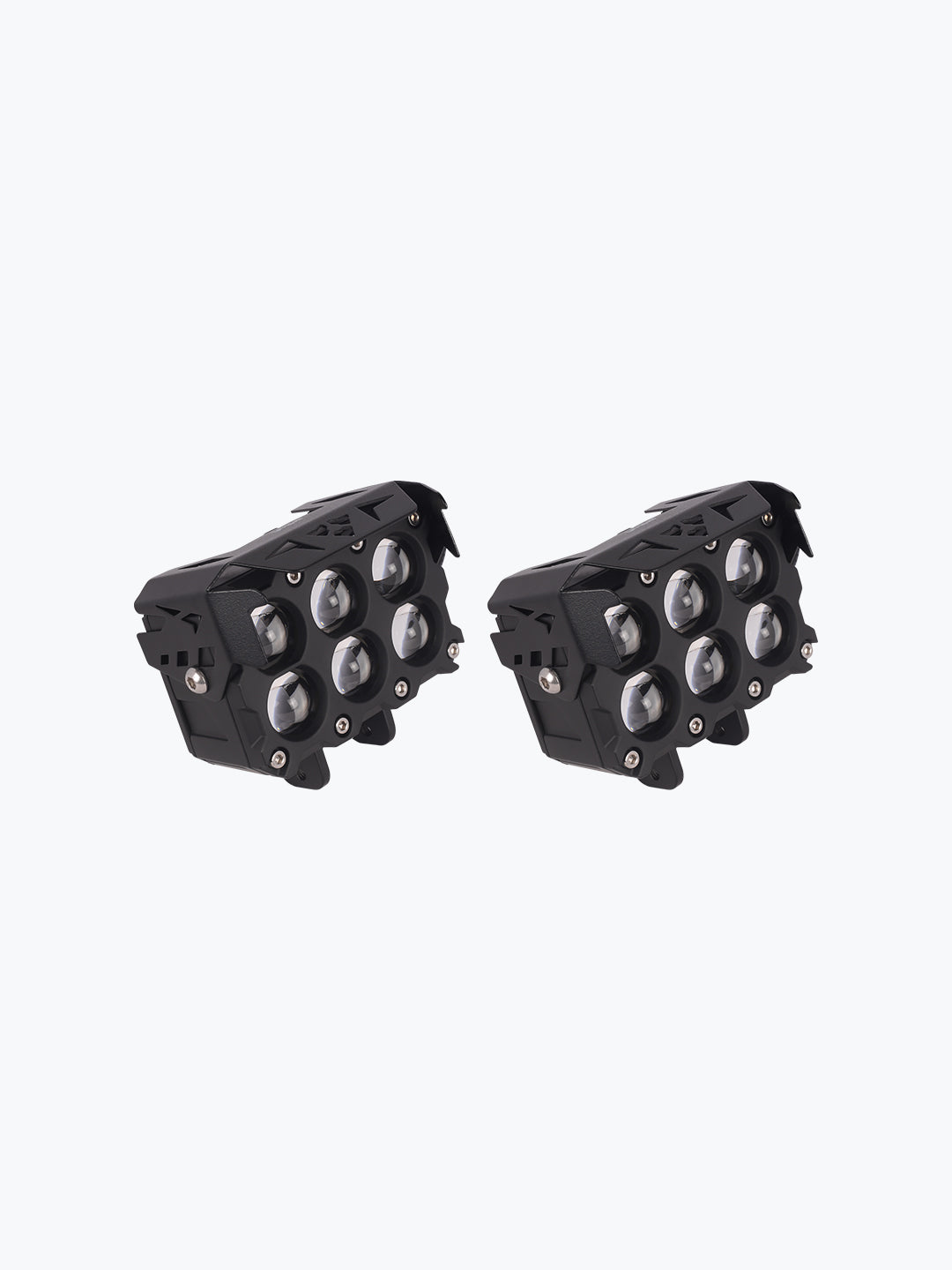 Pair of black 6-LED robotic motorcycle fog lights on white background