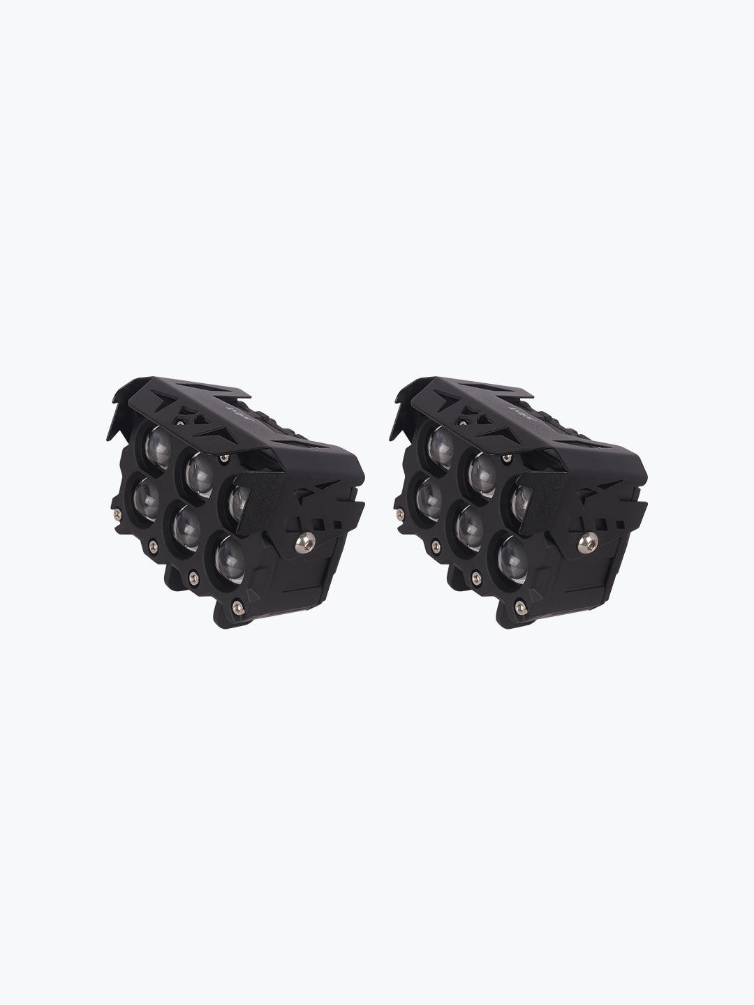 Pair of black 6-LED motorcycle fog lights with rugged, angular design on white background