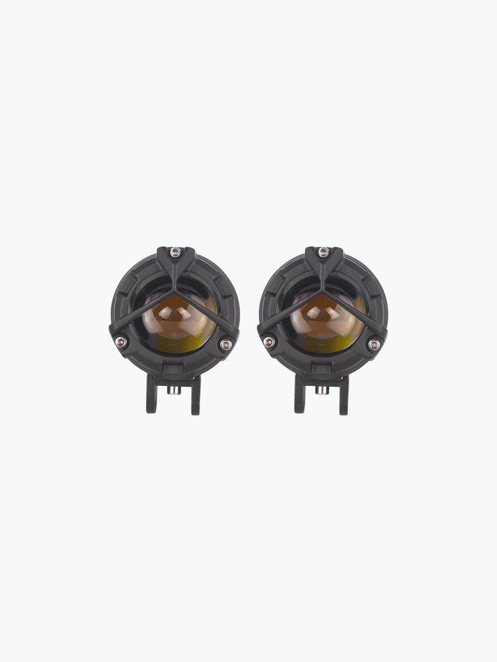 Pair of round LED motorcycle fog lights with black housings and yellow lenses