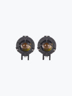 Pair of round LED motorcycle fog lights with black housings and yellow lenses