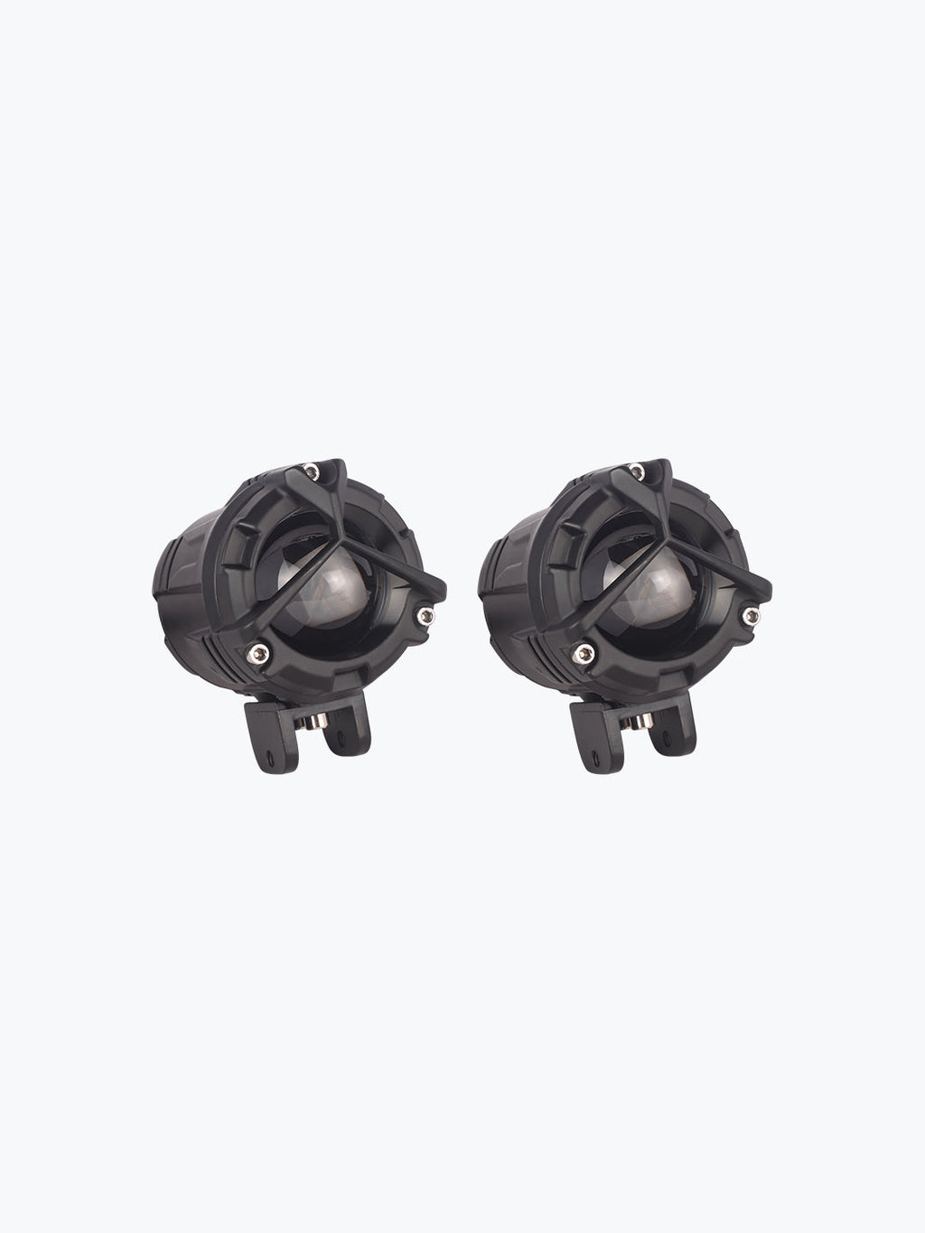 Pair of round black motorcycle fog lights with mounting brackets on white background
