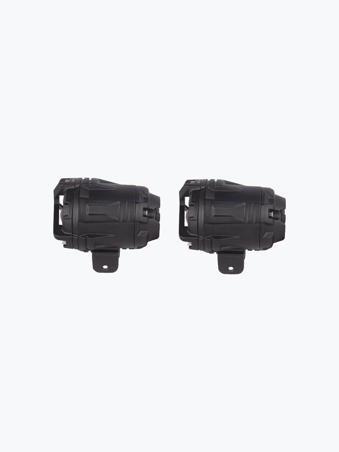 Pair of black motorcycle fog lights with mounting brackets on a plain background