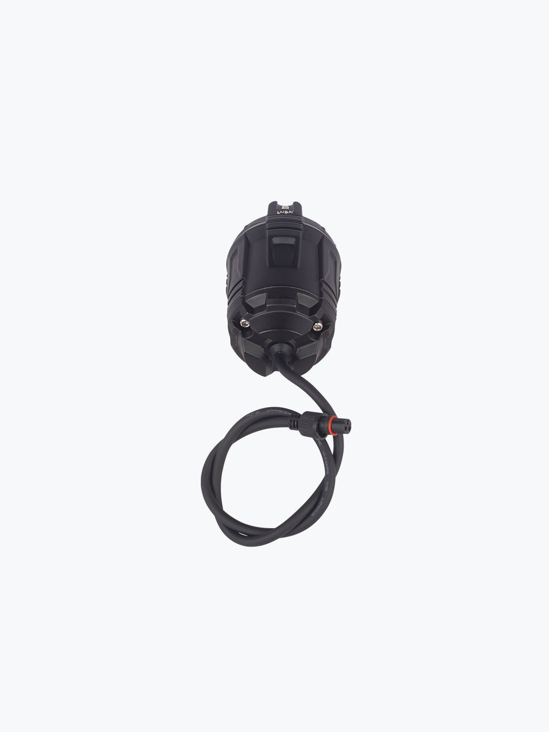 Black premium fog light with wire harness for motorcycles, isolated on white background