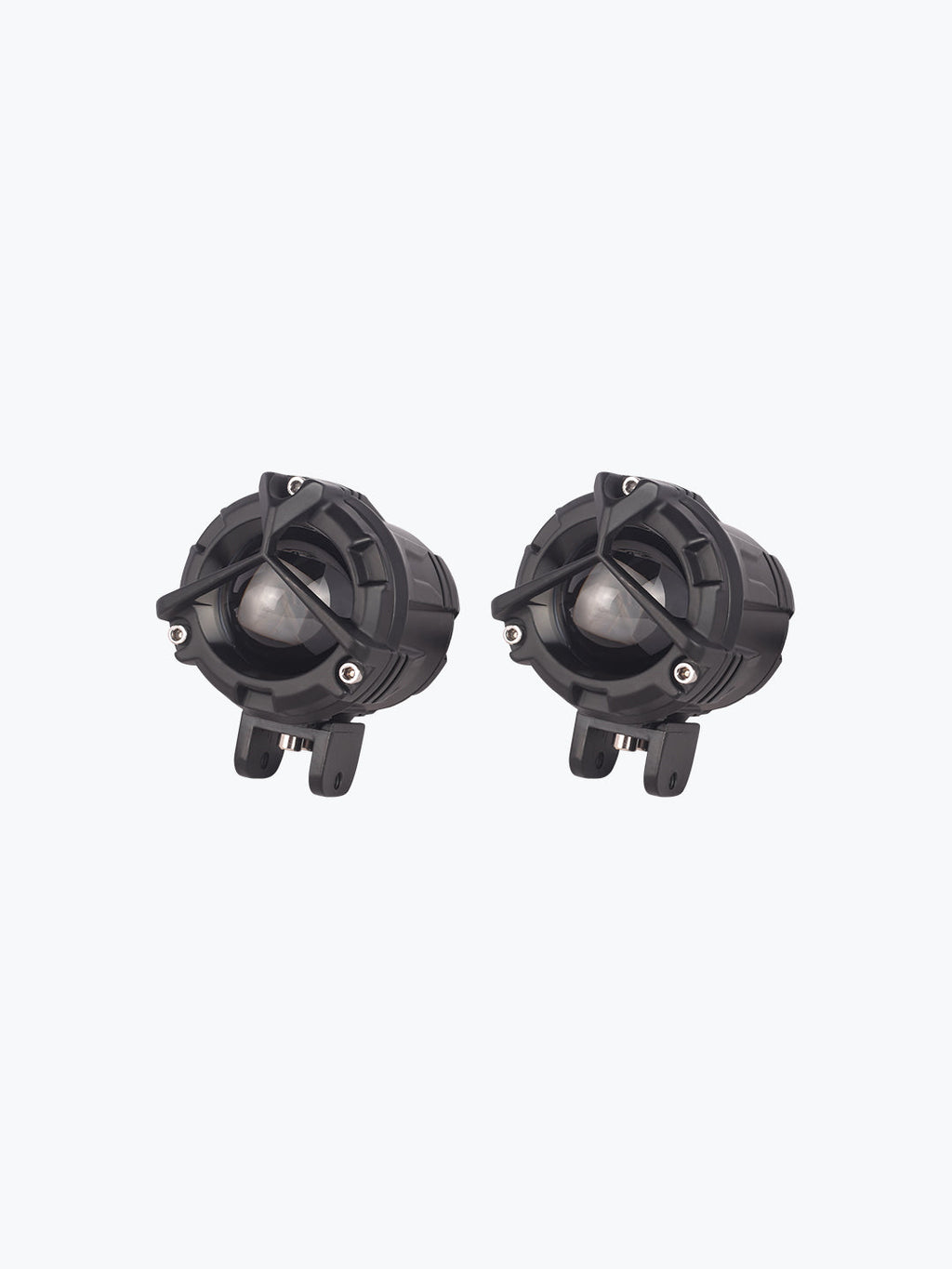 Pair of round black motorcycle LED fog lights with protective housing