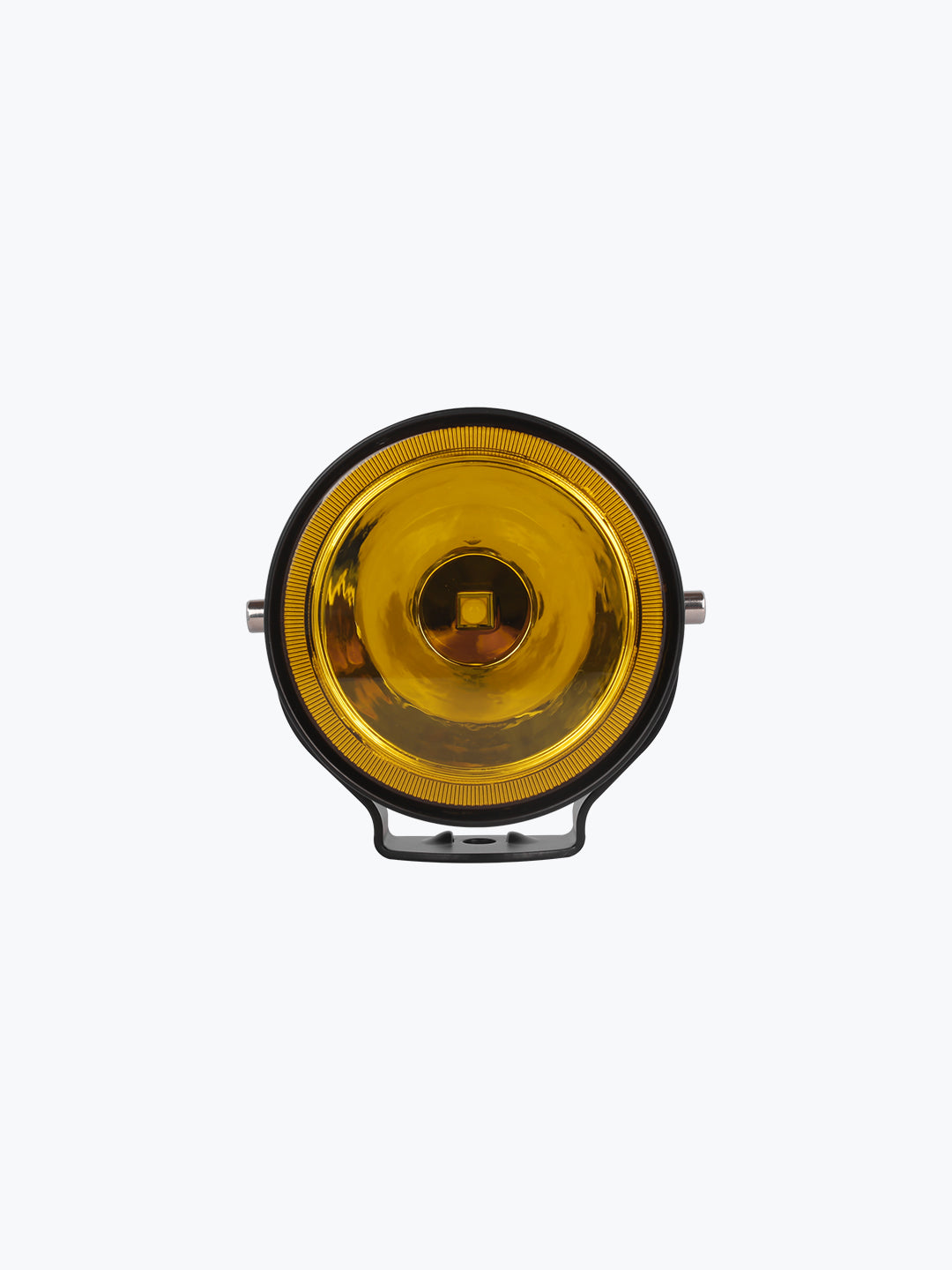 Yellow motorcycle LED fog light with black housing on white background