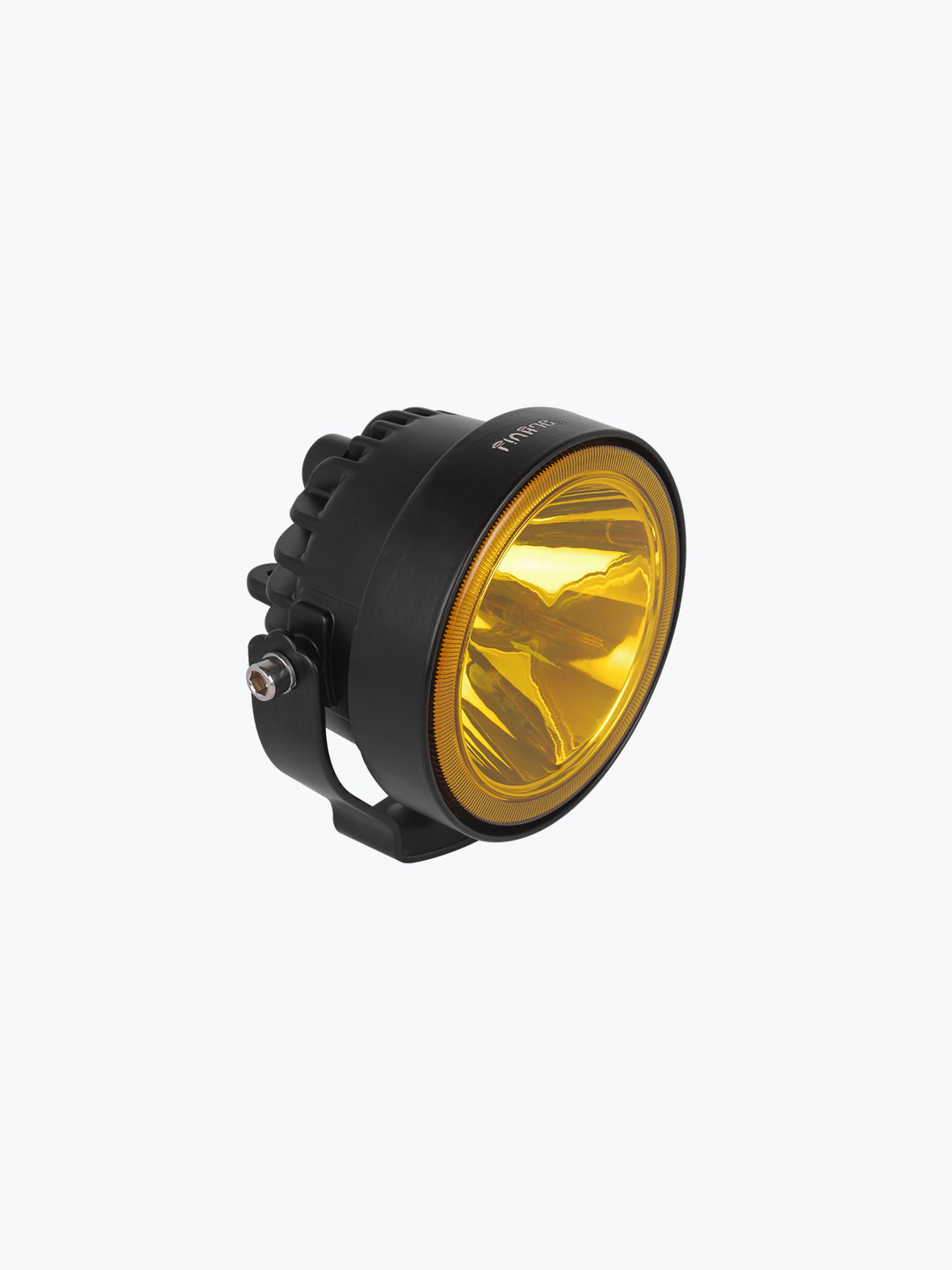yellow lens round motorcycle fog light with black housing on white background