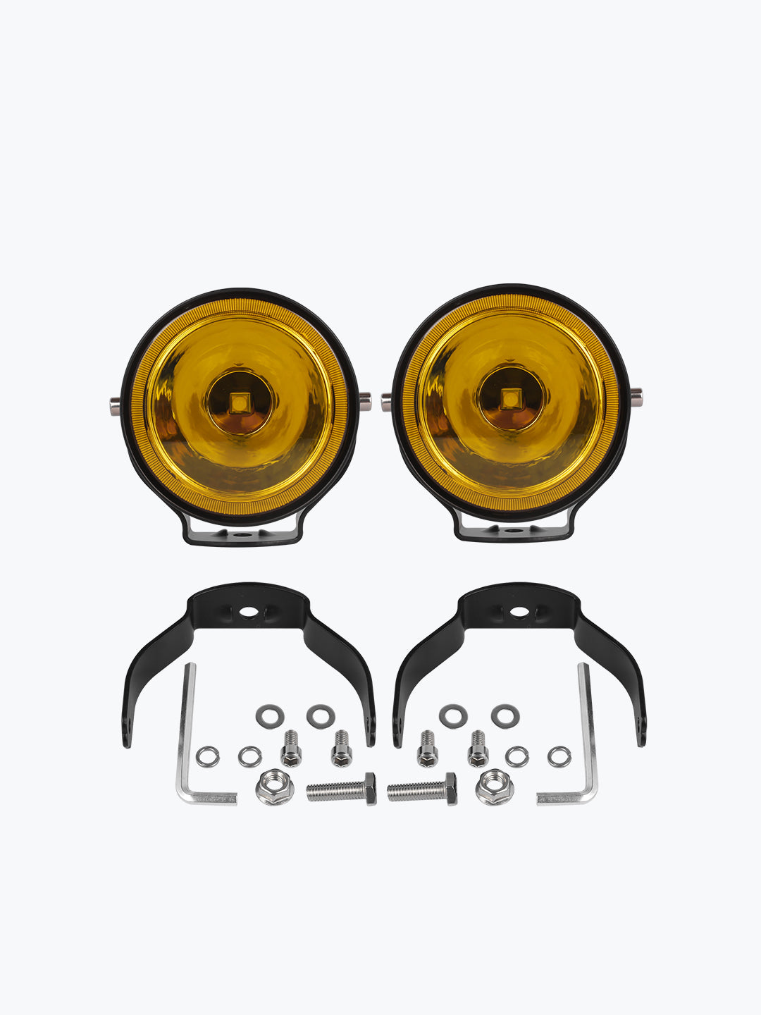 Pair of yellow motorcycle fog lights with mounting brackets and installation hardware