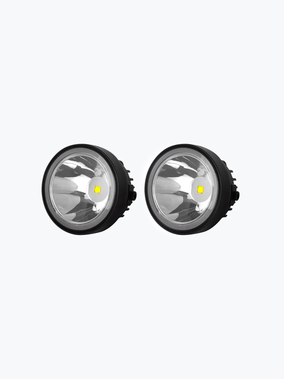 Pair of round LED motorcycle headlights with clear lenses on white background