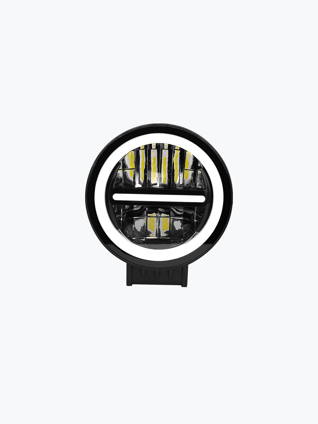 Round LED fog light with blue ring, center bar, and clear lens for vehicles