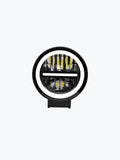 Round LED fog light with blue ring, center bar, and clear lens for vehicles