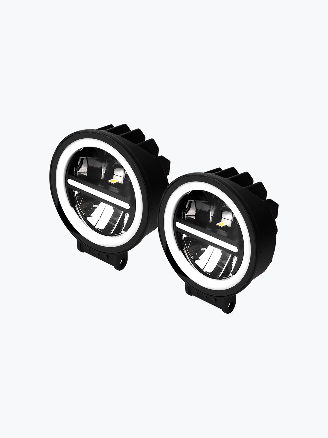 Pair of round LED fog lights with white halo ring, black housing, automotive lighting accessory