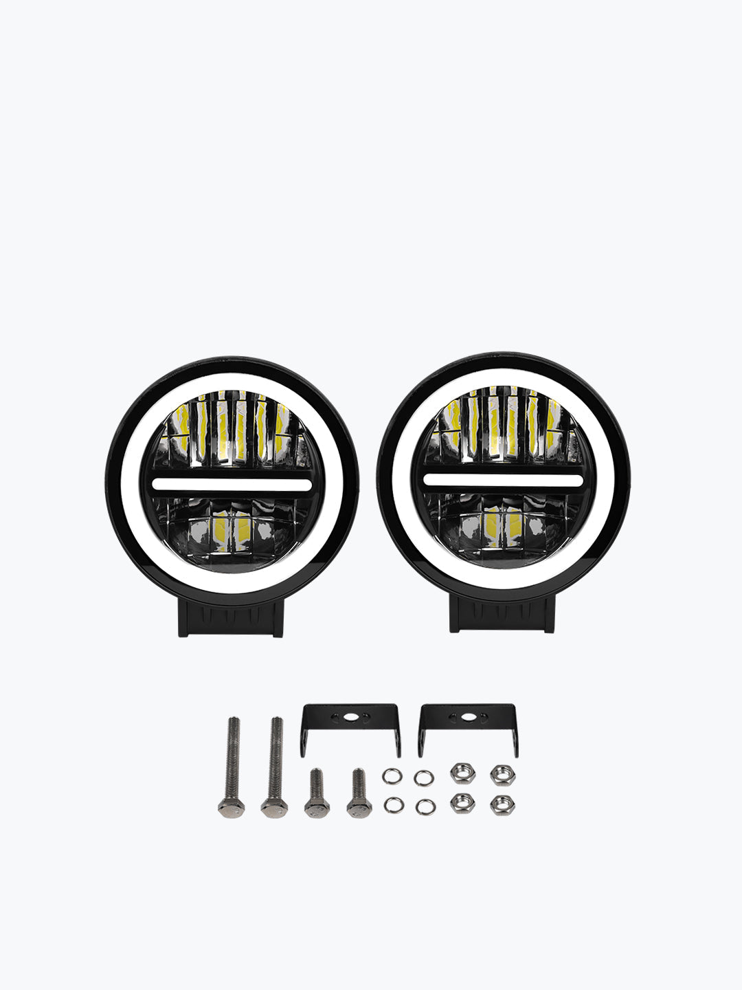 Pair of round LED fog lights with white halo rings and mounting hardware set