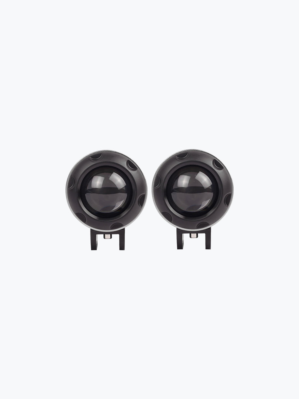 Pair of round grey LED fog lights with clear lenses on white background