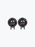 Pair of round grey LED fog lights with clear lenses on white background