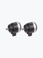 Pair of round grey LED fog lights with mounting brackets for motorcycles