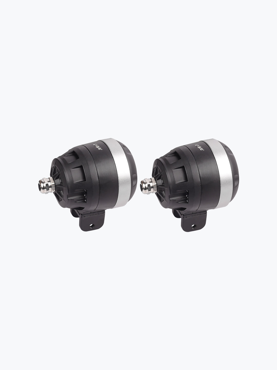 Pair of round grey LED fog lights with mounting brackets for motorcycles
