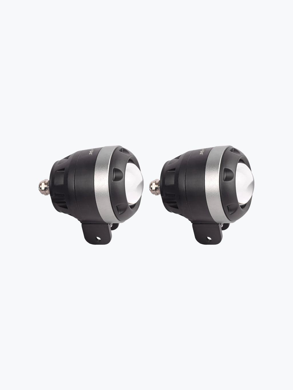Pair of grey round LED motorcycle fog lights with mounting brackets on white background