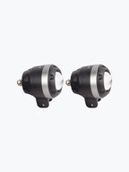 Pair of grey round LED motorcycle fog lights with mounting brackets on white background