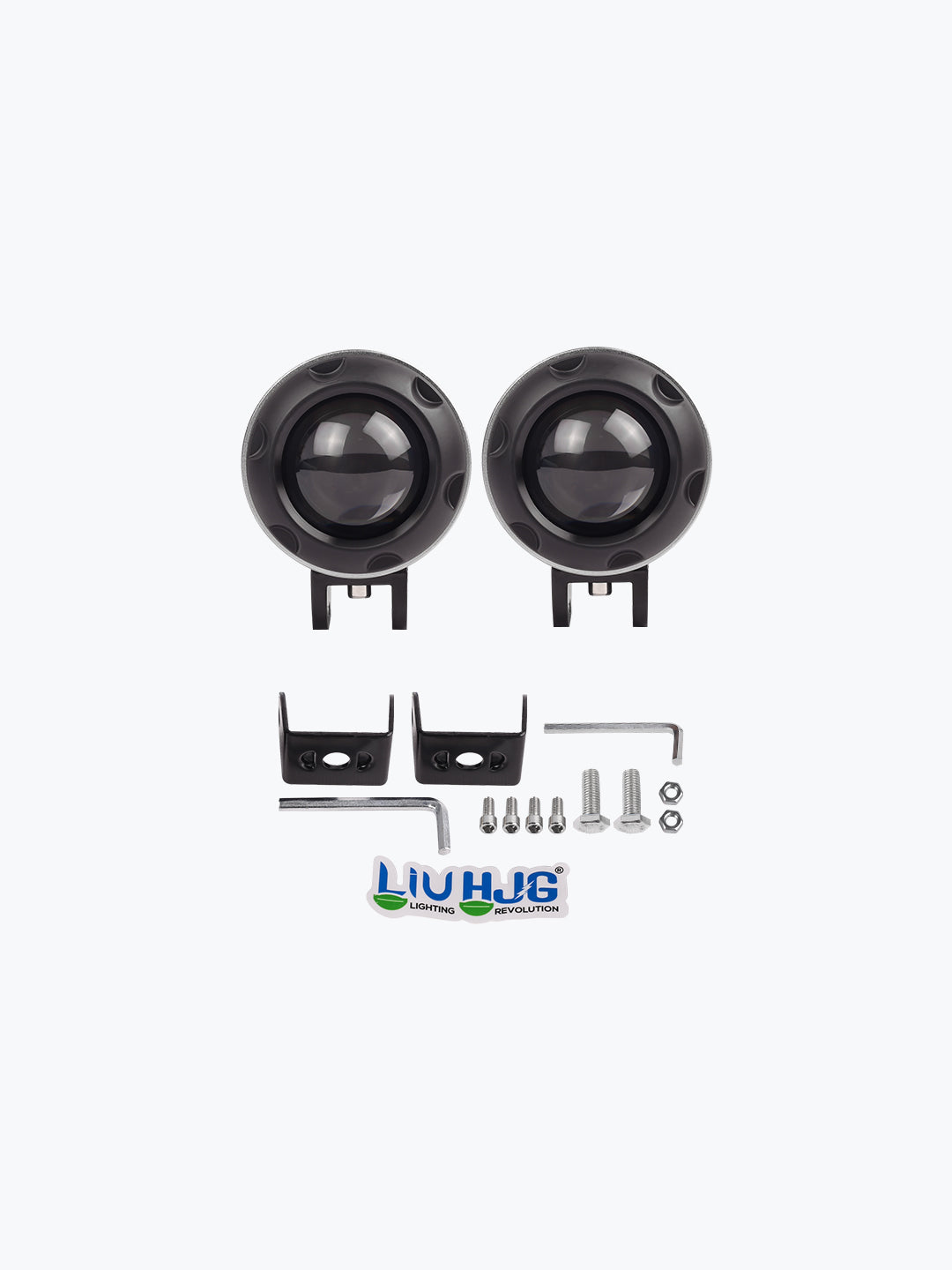 Pair of round grey LED fog lights with lens, mounting brackets, screws, and installation tools