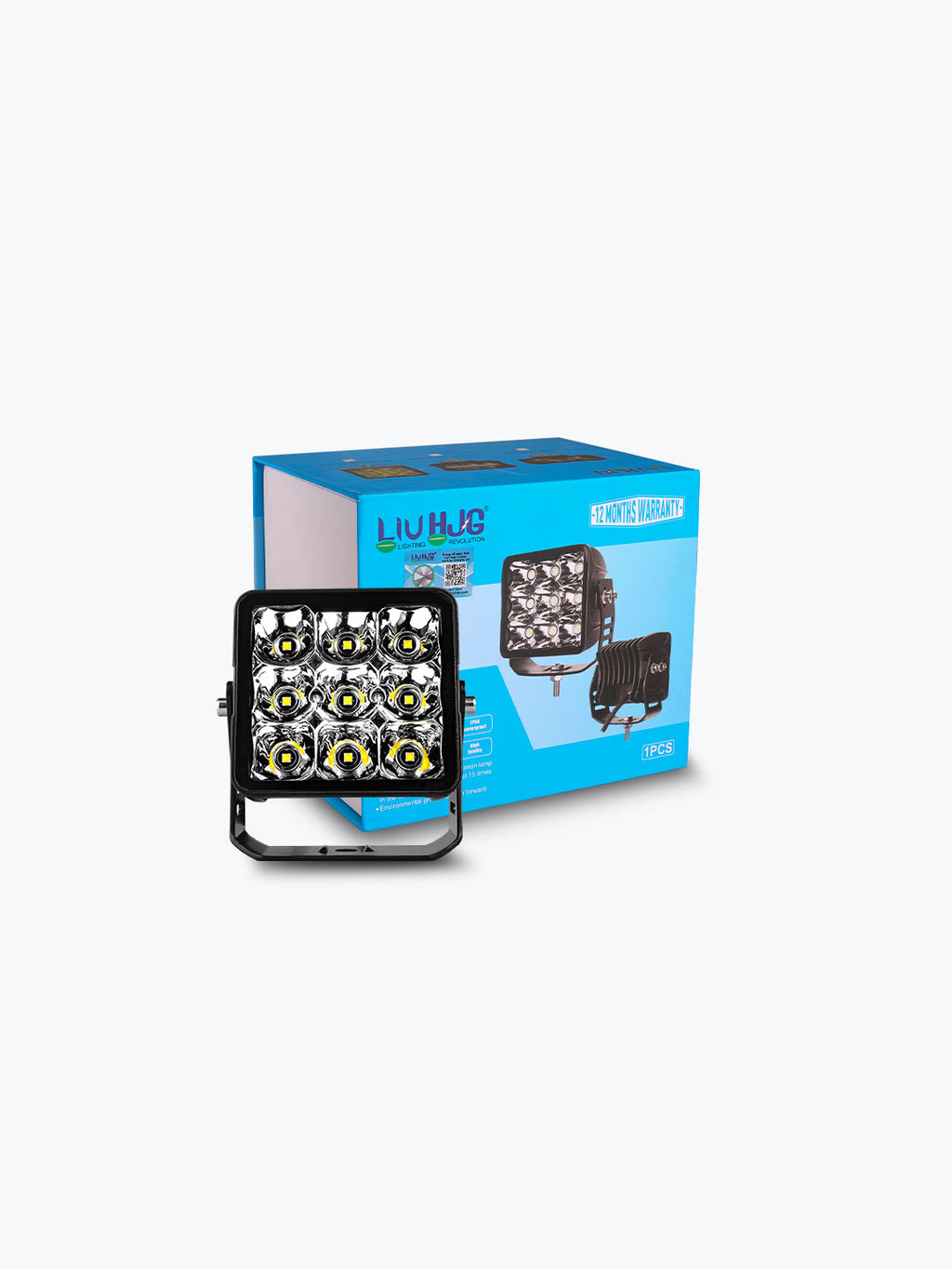 Square LED fog light with multiple bulbs, shown in front of retail packaging box.