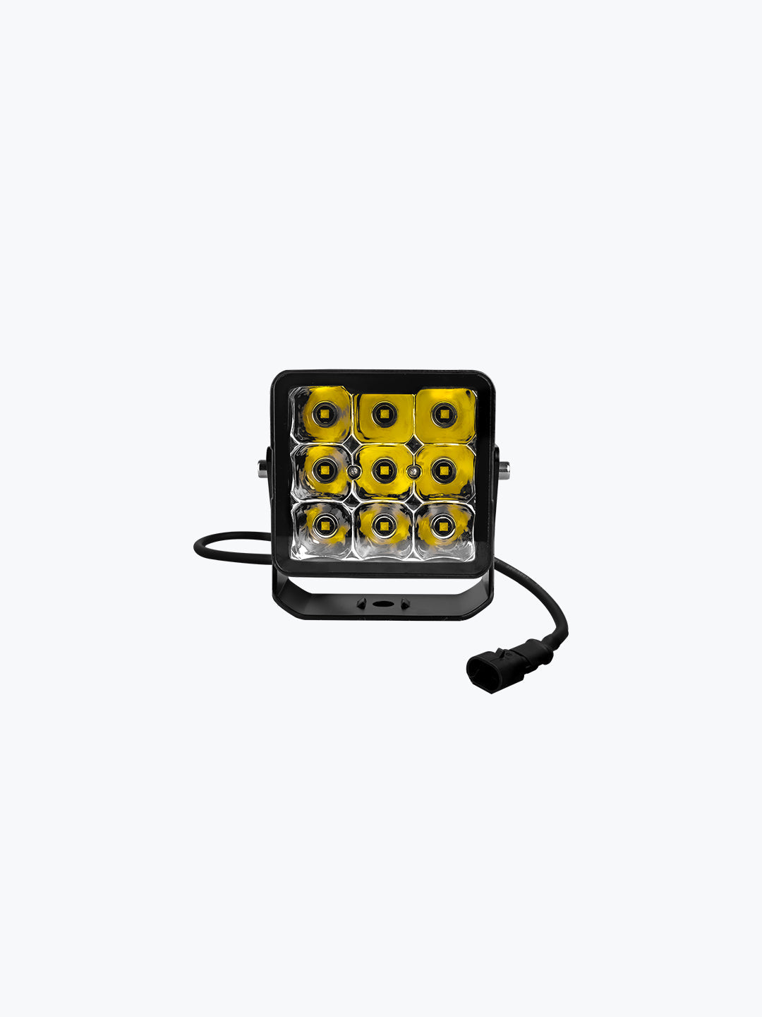 Square LED fog light with yellow lens and black housing, and attached power cable