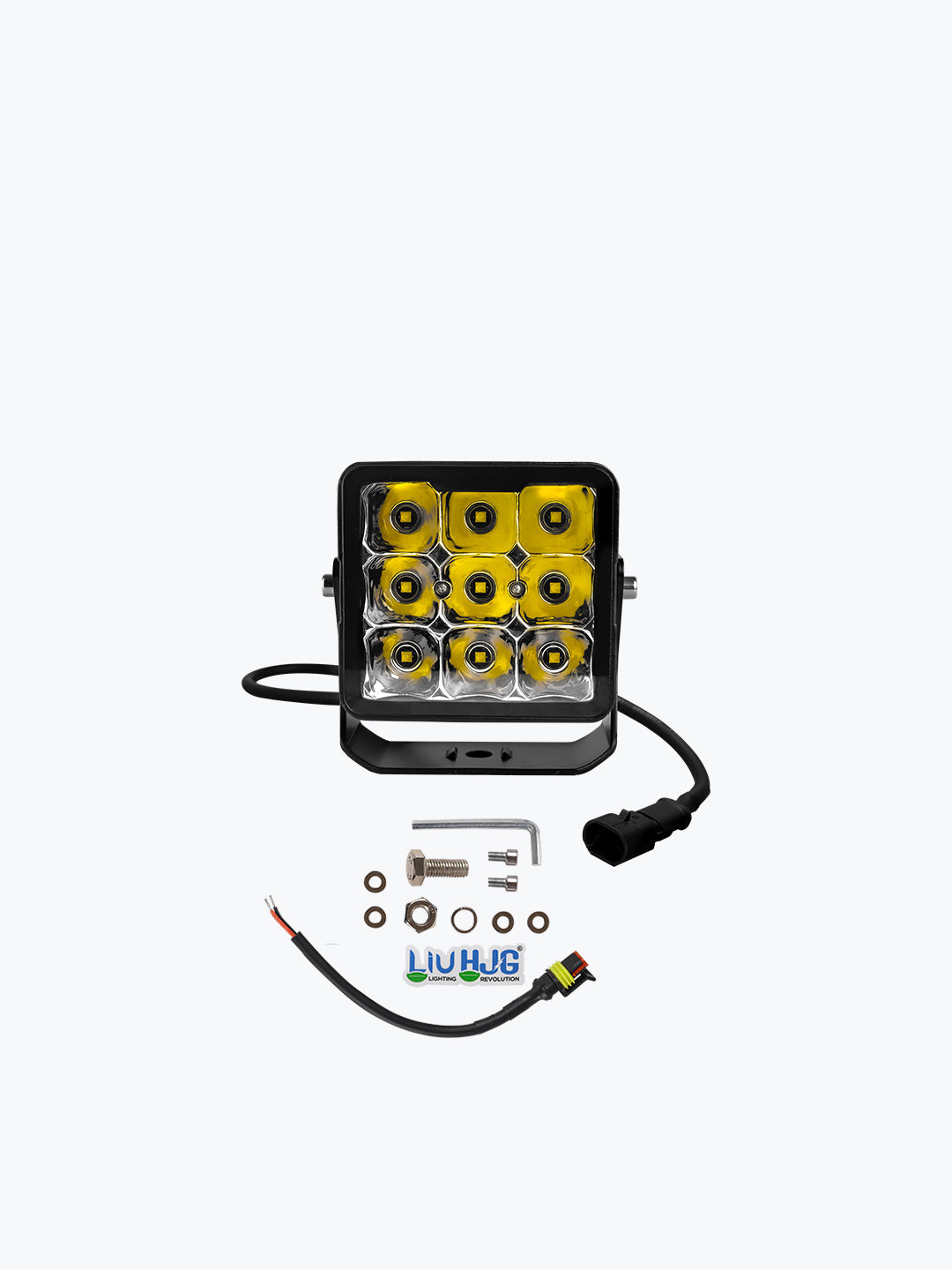 Square LED fog light with yellow lenses, mounting hardware and wiring kit