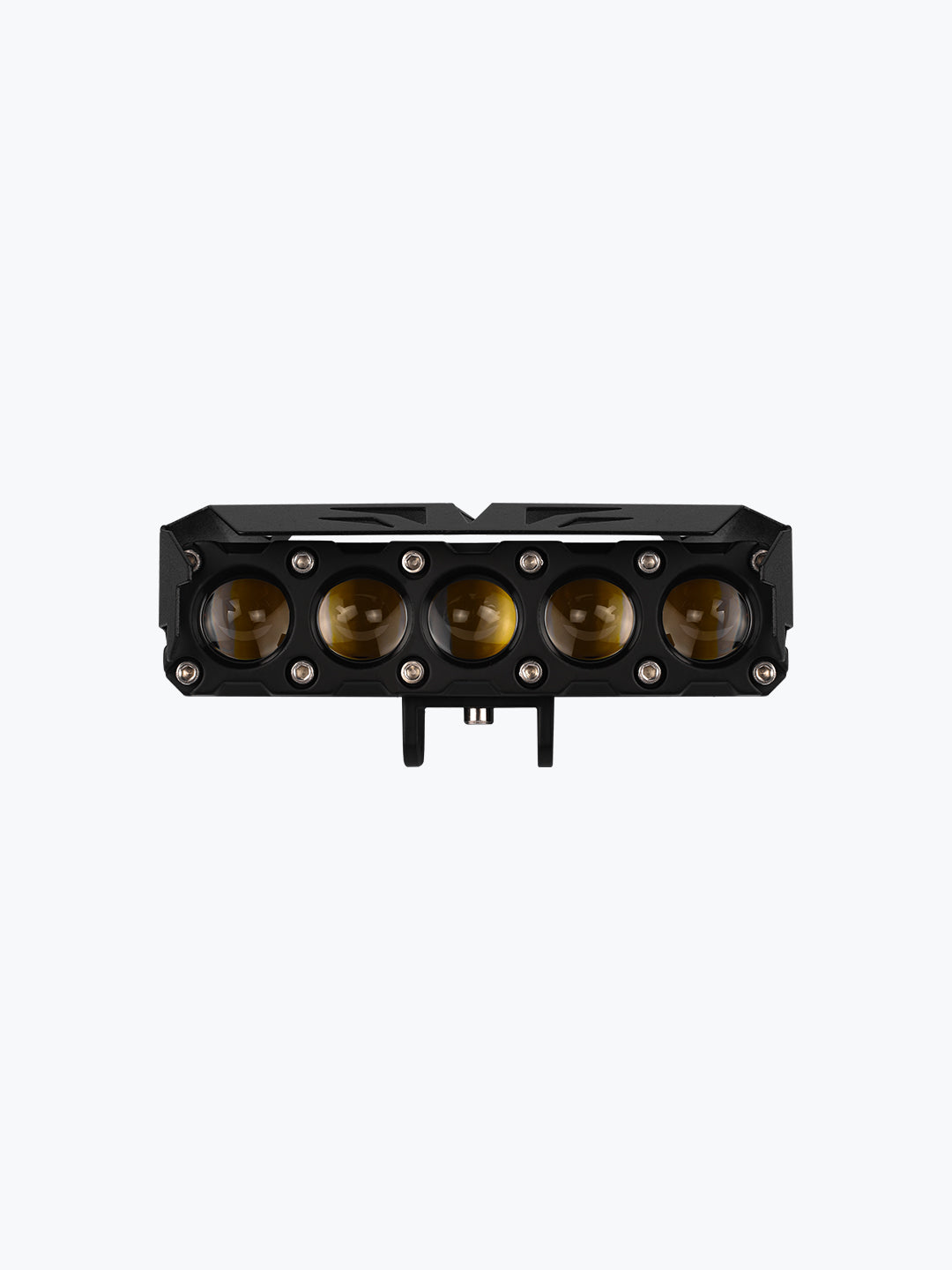 Black LED off-road light bar with five round lenses on a white background
