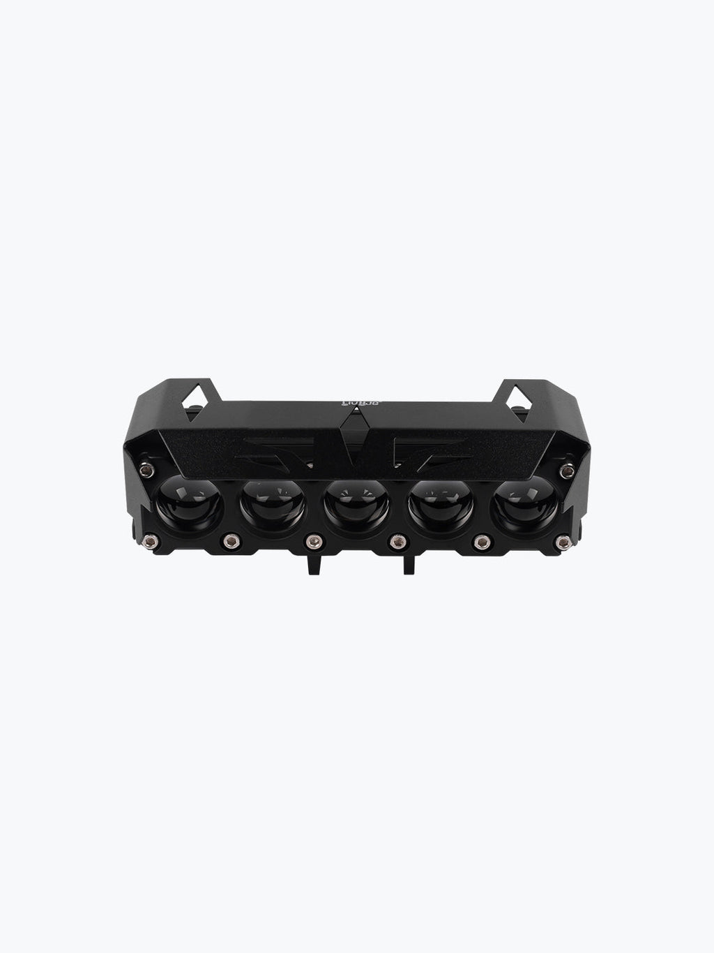 Black motorcycle LED auxiliary light bar with five round lenses and metal housing
