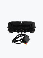 Black motorcycle LED headlight with protective grill and attached wiring on white background