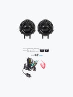 Pair of round black motorcycle fog lights with mounting hardware, wiring, and dimmer switch