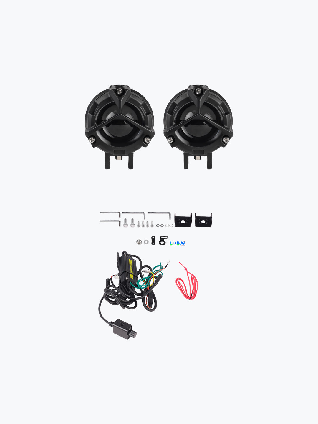 Pair of round black motorcycle fog lights with mounting hardware, wiring, and dimmer switch