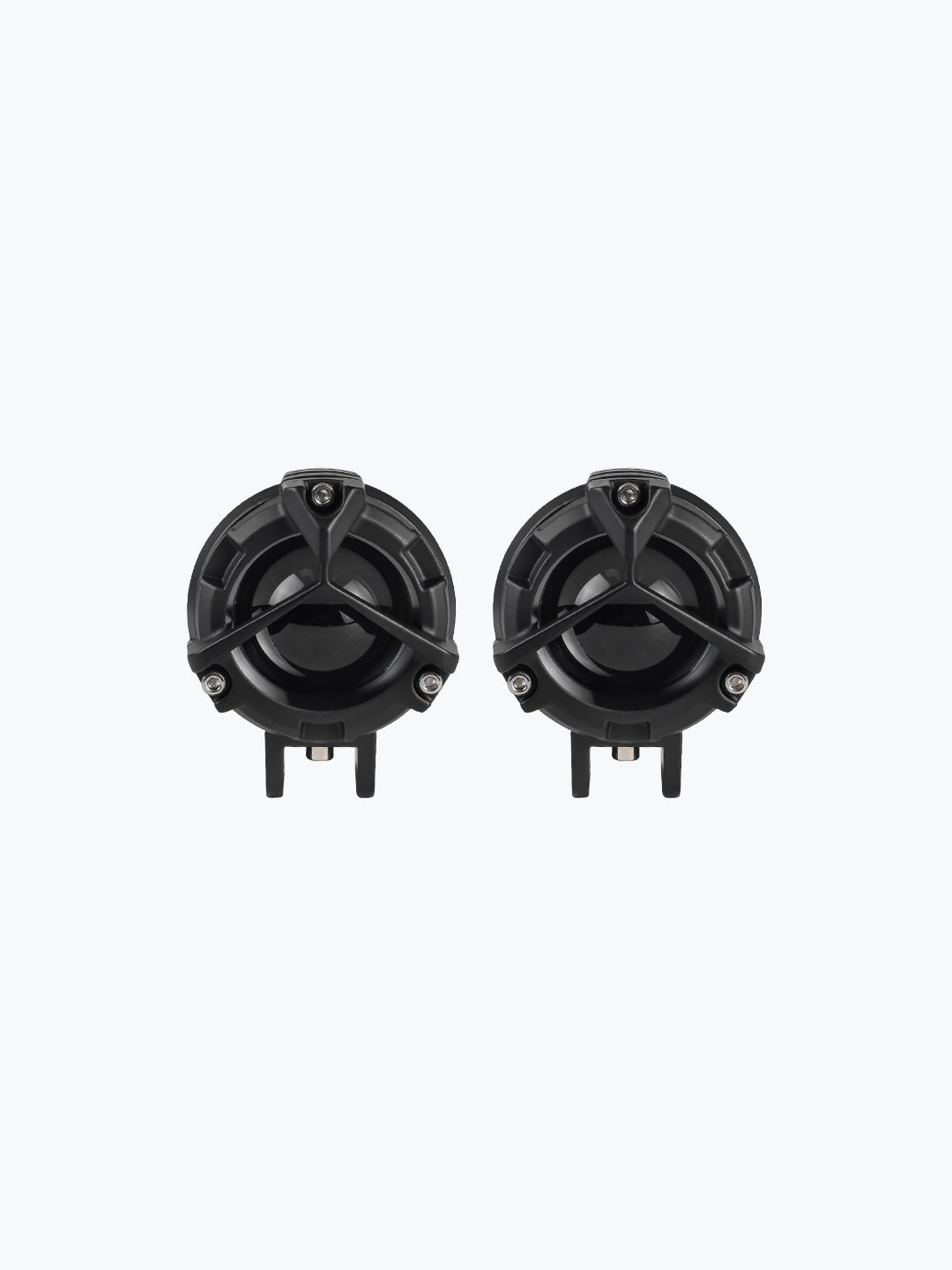Pair of round black motorcycle fog lights with protective grills on white background