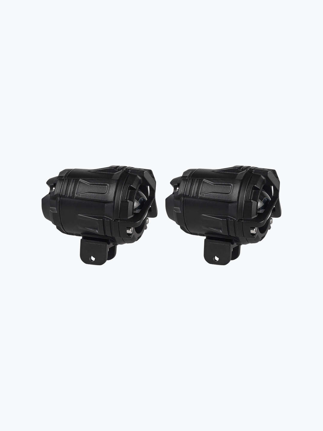 Pair of black motorcycle fog lights with brackets on a plain background