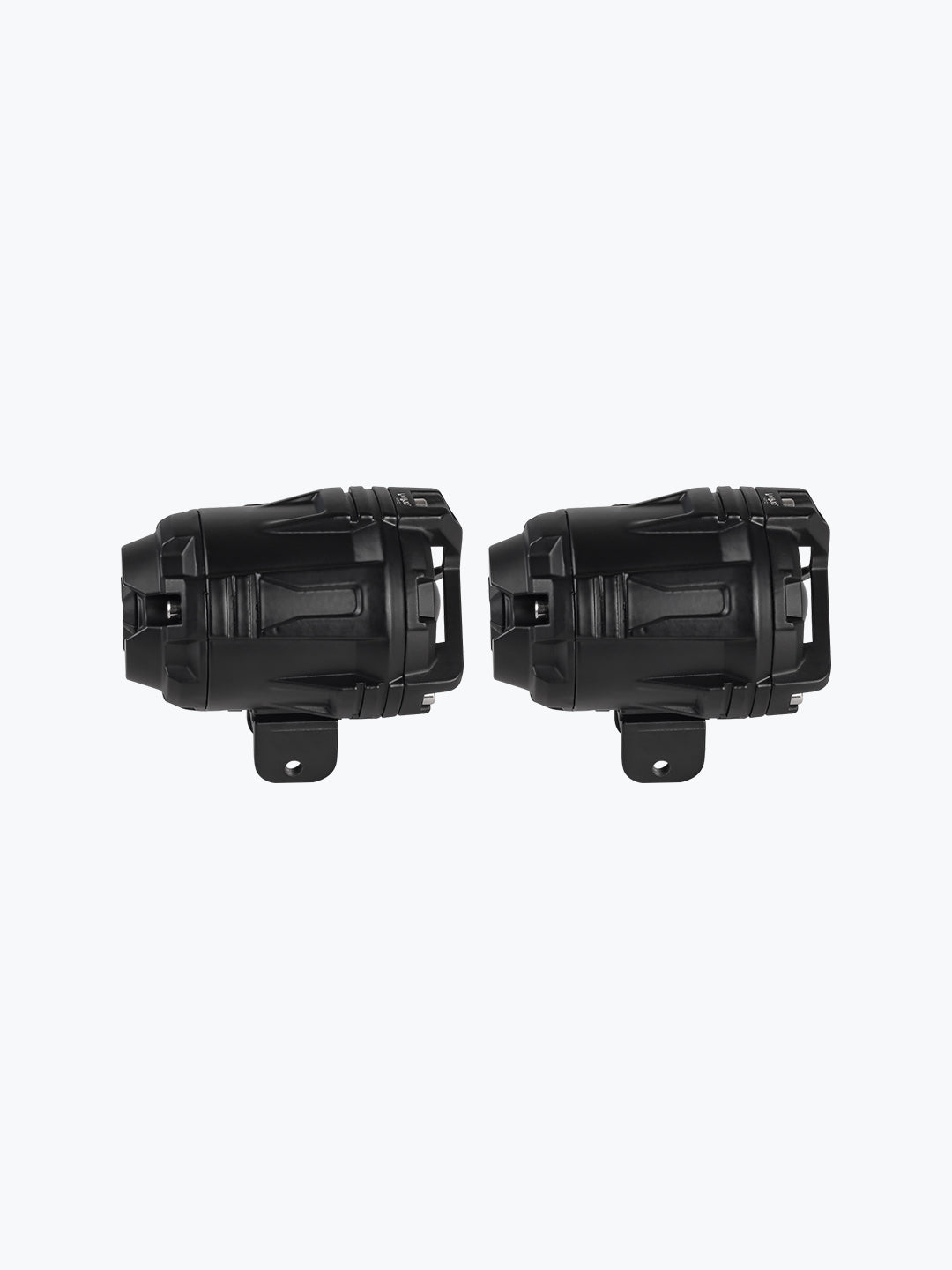Pair of black premium motorcycle fog lights with mounting brackets, front view