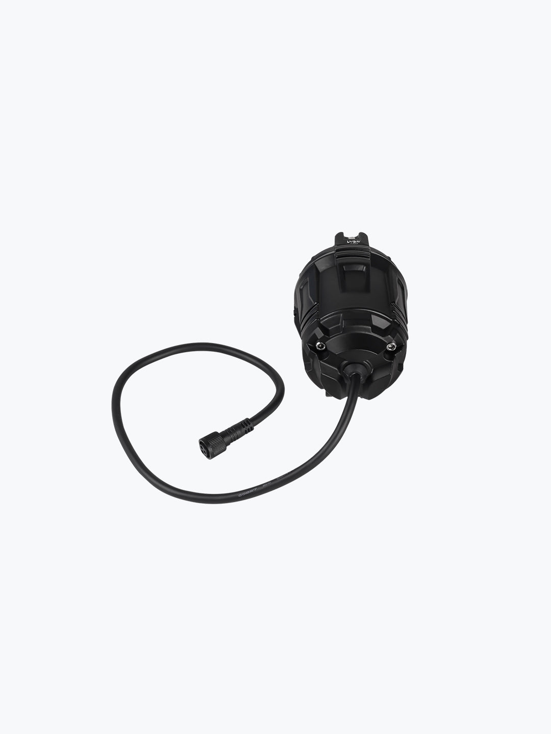 Black motorcycle fog light with dimmer switch and attached cable on white background